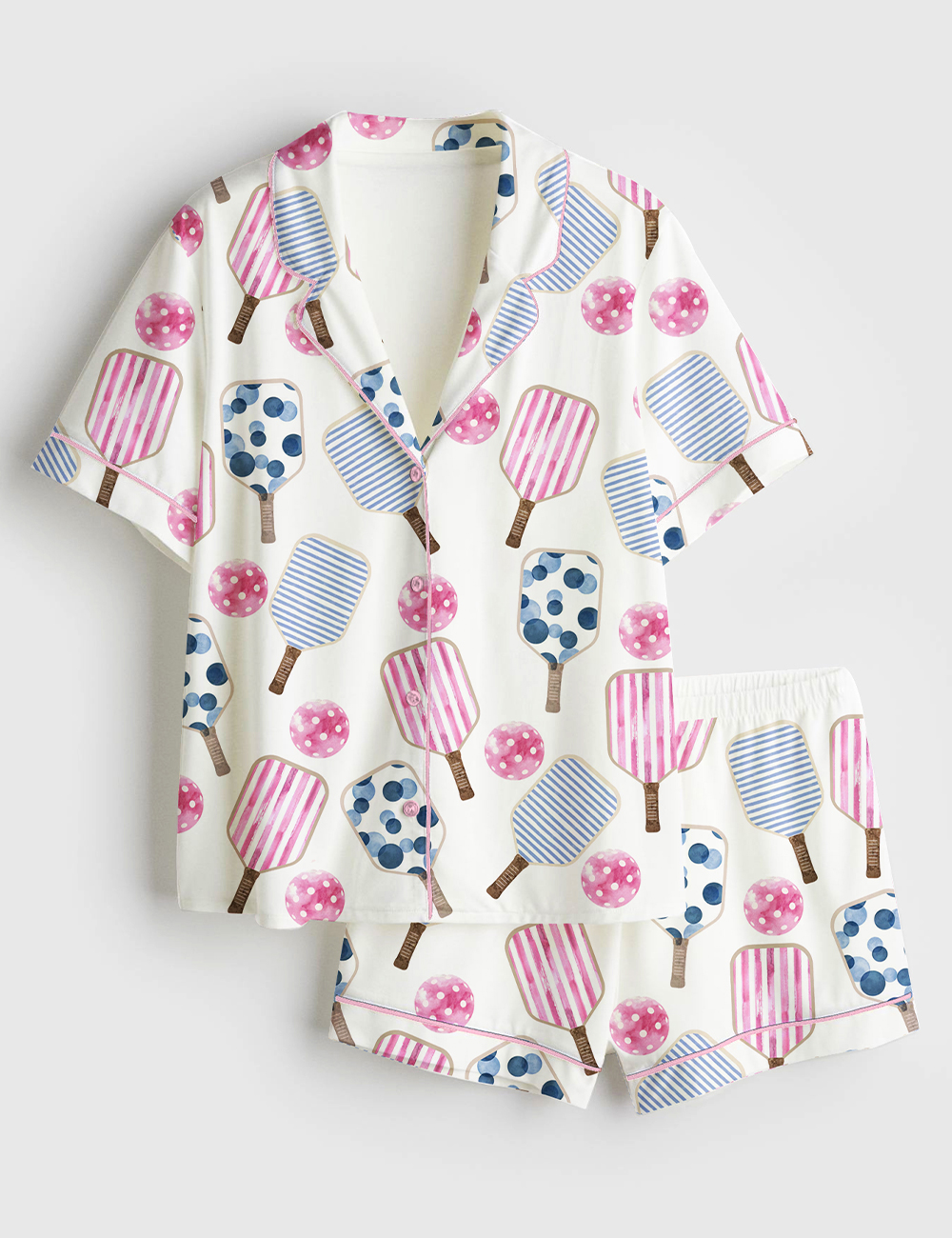 Womenâ€™s Watercolor Stripes Pink And Blue Pickleball Paddle And Ball Short Sleeve Satin Pajama Set