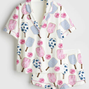 Women's Watercolor Stripes Pink And Blue Pickleball Paddle And Ball Short Sleeve Satin Pajama Set