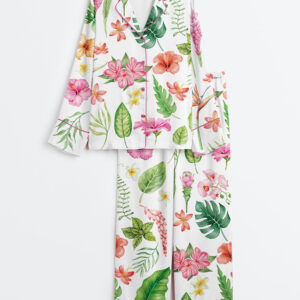 Women's Watercolor Tropical Flowers And Leaves Hawaii Wedding Long Sleeve Satin Pajama Set