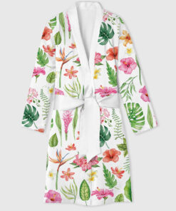 Women's Watercolor Tropical Flowers And Leaves Hawaii Wedding Satin Bathrobe