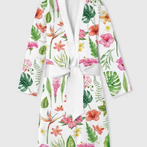 Women's Watercolor Tropical Flowers And Leaves Hawaii Wedding Satin Bathrobe