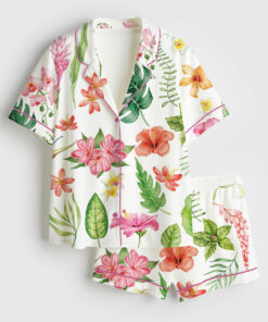 Women's Watercolor Tropical Flowers And Leaves Hawaii Wedding Short Sleeve Satin Pajama Set
