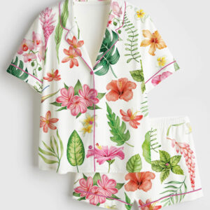 Women's Watercolor Tropical Flowers And Leaves Hawaii Wedding Short Sleeve Satin Pajama Set