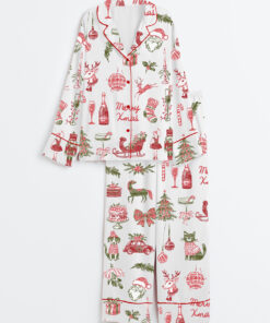 Women's Watercolor Vintage Christmas Hand Drawn Holiday Cocktails Long Sleeve Satin Pajama Set