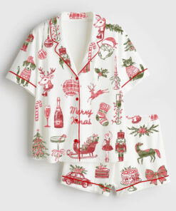 Women's Watercolor Vintage Christmas Hand Drawn Holiday Cocktails Short Sleeve Satin Pajama Set