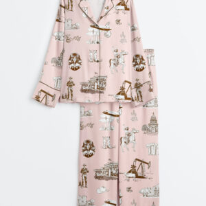 Women's Watercolor Western Texas Horse Ranch Cowboy Print Western Cowgirl Texas Travel Print Long Sleeve Satin Pajama Set