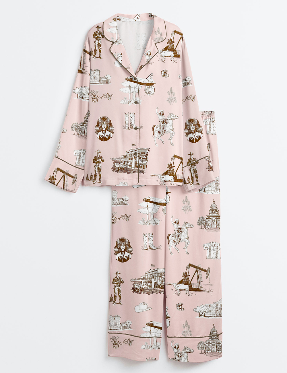 Womenâ€™s Watercolor Western Texas Horse Ranch Cowboy Print Western Cowgirl Texas Travel Print Long Sleeve Satin Pajama Set