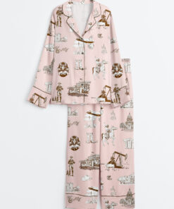 Women's Watercolor Western Texas Horse Ranch Cowboy Print Western Cowgirl Texas Travel Print Long Sleeve Satin Pajamas Set