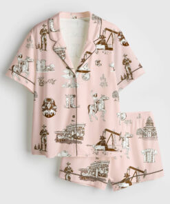 Women's Watercolor Western Texas Horse Ranch Cowboy Print Western Cowgirl Texas Travel Print Short Sleeve Satin Pajama Set