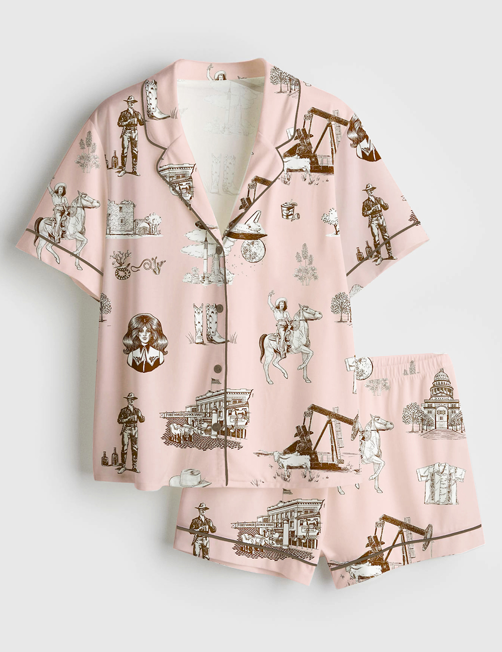 Womenâ€™s Watercolor Western Texas Horse Ranch Cowboy Print Western Cowgirl Texas Travel Print Short Sleeve Satin Pajama Set