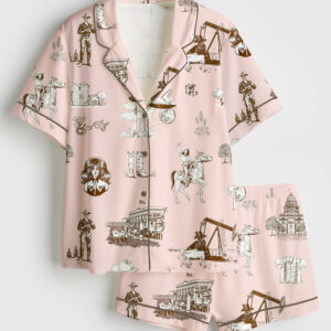 Women's Watercolor Western Texas Horse Ranch Cowboy Print Western Cowgirl Texas Travel Print Short Sleeve Satin Pajama Set