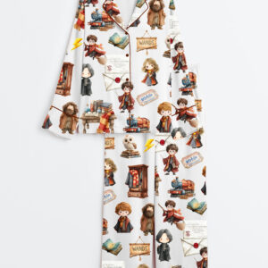 Women's Watercolour Wizard School Owl Wand Book Magic Potion Long Sleeve Satin Pajama Set