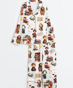 Women's Watercolour Wizard School Owl Wand Book Magic Potion Long Sleeve Satin Pajamas Set