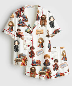 Women's Watercolour Wizard School Owl Wand Book Magic Potion Short Sleeve Satin Pajama Set