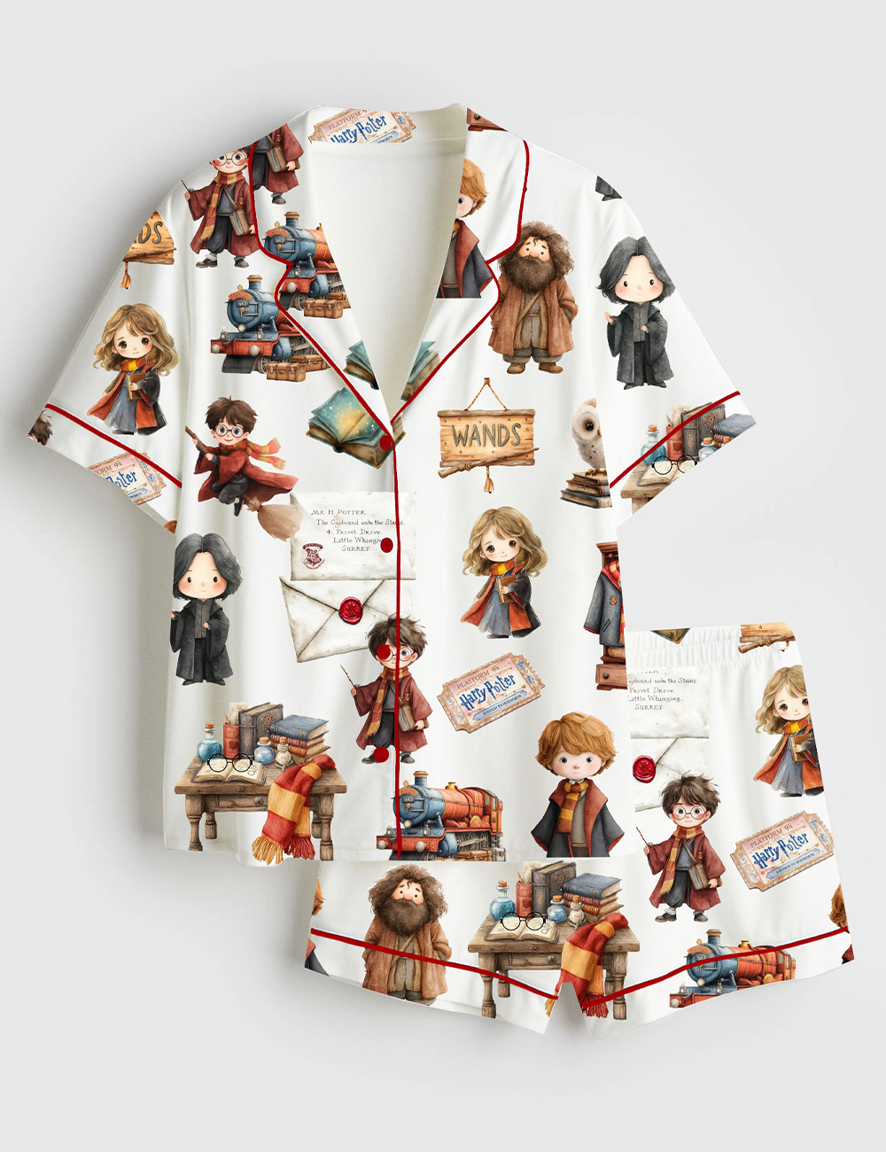 Womenâ€™s Watercolour Wizard School Owl Wand Book Magic Potion Short Sleeve Satin Pajama Set