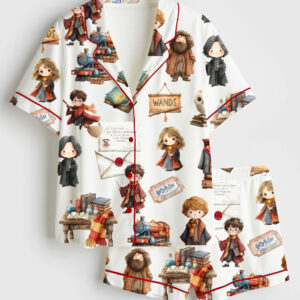 Women's Watercolour Wizard School Owl Wand Book Magic Potion Short Sleeve Satin Pajama Set