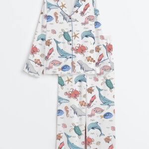 Women's We All Swim Together Ocean Animal Underwater Turtle Long Sleeve Satin Pajama Set