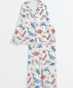 Women's We All Swim Together Ocean Animal Underwater Turtle Long Sleeve Satin Pajama Set