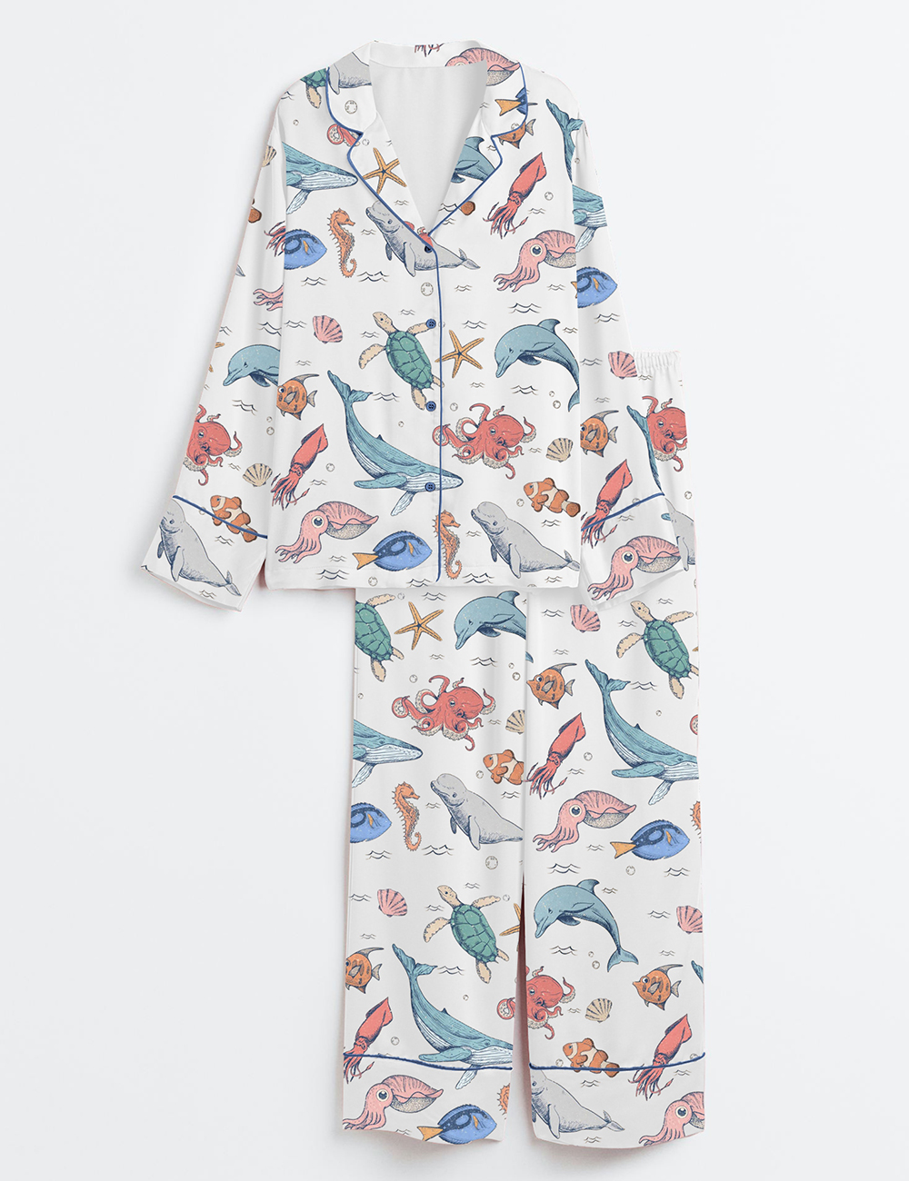 Women's We All Swim Together Ocean Animal Underwater Turtle Long Sleeve Satin Pajamas Set