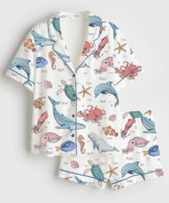 Women's We All Swim Together Ocean Animal Underwater Turtle Short Sleeve Satin Pajama Set