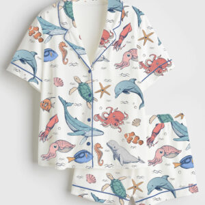 Womenâ€™s We All Swim Together Ocean Animal Underwater Turtle Short Sleeve Satin Pajama Set