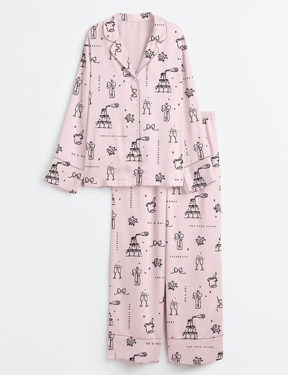 Womenâ€™s Wedding Bridal And Champagne Long Sleeve Satin Pajama Set