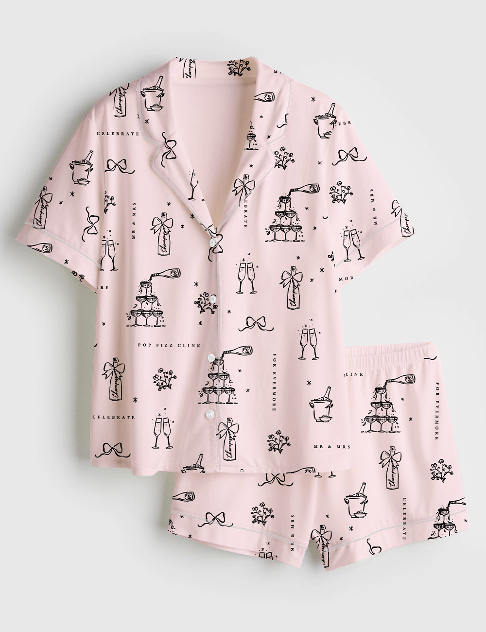 Womenâ€™s Wedding Bridal And Champagne Short Sleeve Satin Pajama Set