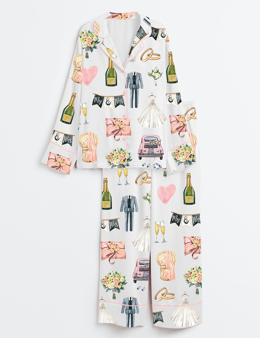 Womenâ€™s Wedding Day Anniversary Long Sleeve Satin Pajama Set