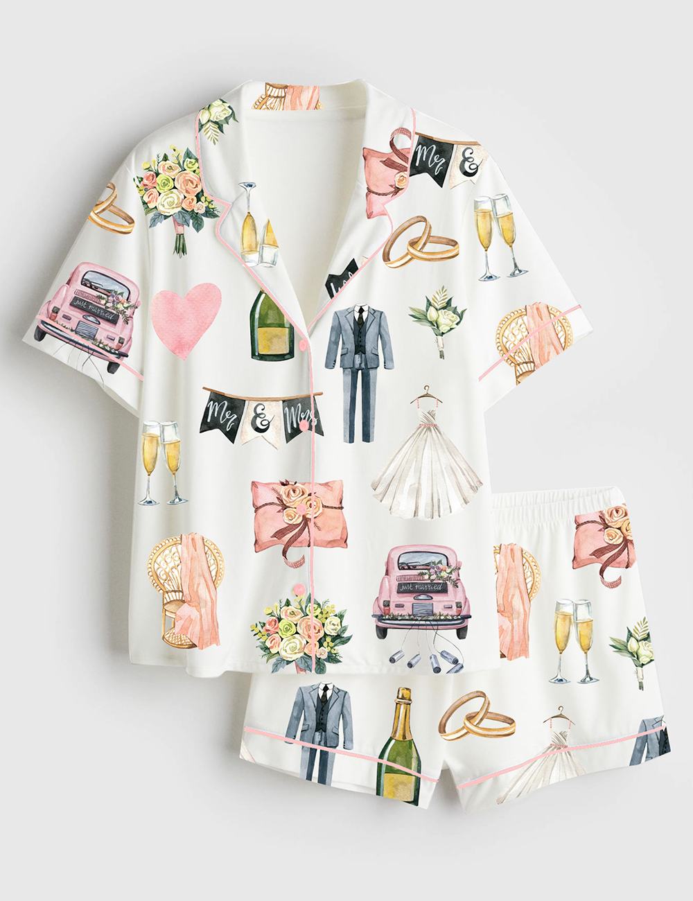 Womenâ€™s Wedding Day Anniversary Short Sleeve Satin Pajama Set