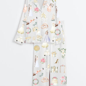 Womenâ€™s Wedding Timeline Watercolor Wedding Bride Groom Floral Elements Summer Marriage Print Long Sleeve Satin Pajama Set