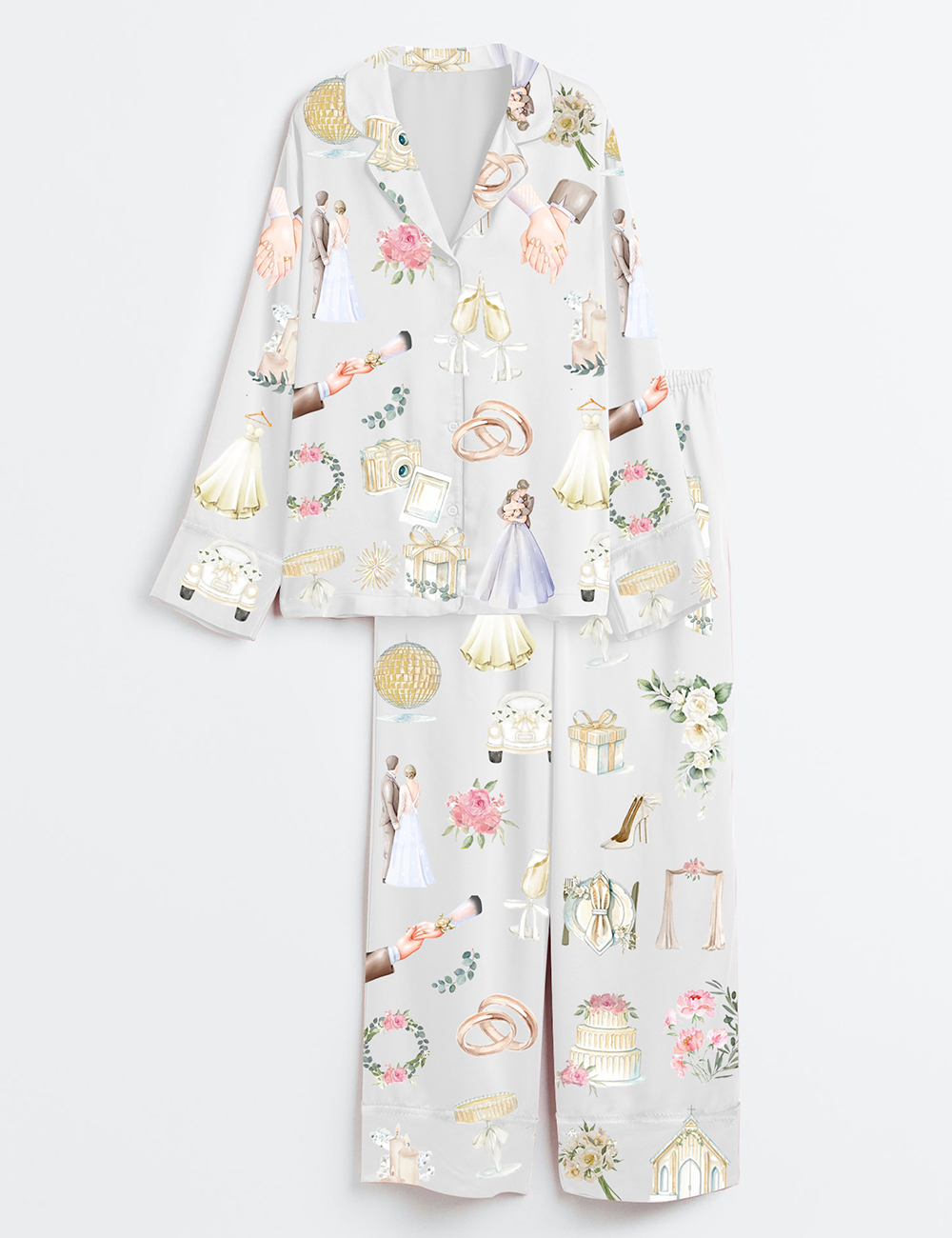 Womenâ€™s Wedding Timeline Watercolor Wedding Bride Groom Floral Elements Summer Marriage Print Long Sleeve Satin Pajama Set