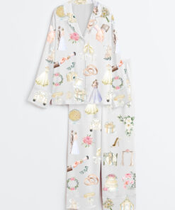 Women's Wedding Timeline Watercolor Wedding Bride Groom Floral Elements Summer Marriage Print Long Sleeve Satin Pajamas Set
