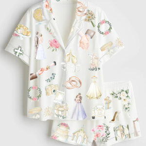 Women's Wedding Timeline Watercolor Wedding Bride Groom Floral Elements Summer Marriage Print Short Sleeve Satin Pajama Set