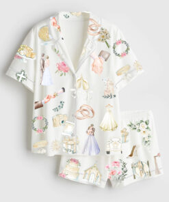 Women's Wedding Timeline Watercolor Wedding Bride Groom Floral Elements Summer Marriage Print Short Sleeve Satin Pajama Set