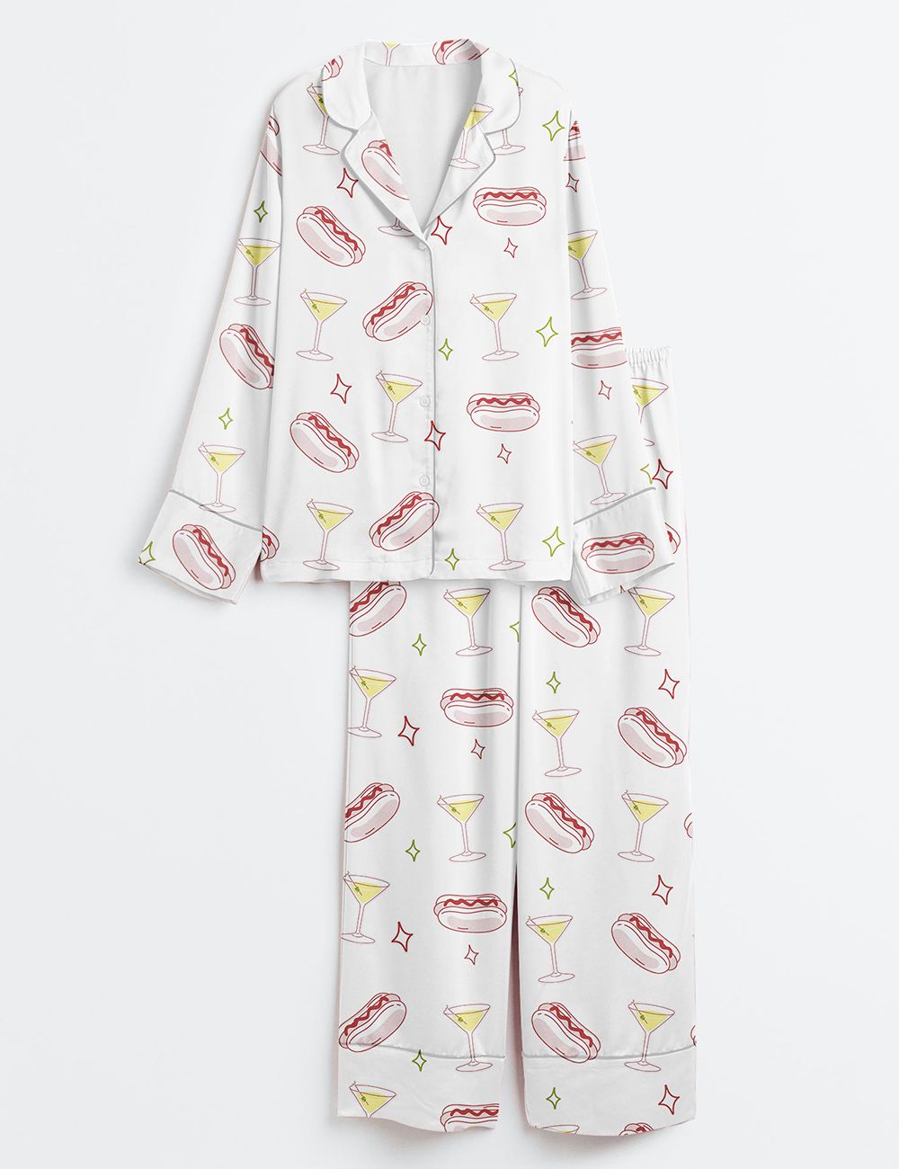 Womenâ€™s Weenies And Tinis Bachelorette Hot Dogs And Martinis Print Long Sleeve Satin Pajama Set