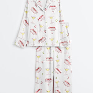 Women's Weenies And Tinis Bachelorette Hot Dogs And Martinis Print Long Sleeve Satin Pajama Set