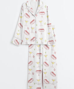 Women's Weenies And Tinis Bachelorette Hot Dogs And Martinis Print Long Sleeve Satin Pajamas Set