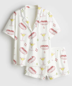 Women's Weenies And Tinis Bachelorette Hot Dogs And Martinis Print Short Sleeve Satin Pajama Set