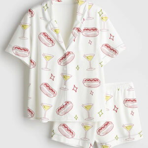 Women's Weenies And Tinis Bachelorette Hot Dogs And Martinis Print Short Sleeve Satin Pajama Set