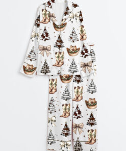 Women's Western Christmas Coquette Cowboy Boots Hat Christmas Trees Long Sleeve Satin Pajama Set