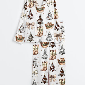 Womenâ€™s Western Christmas Coquette Cowboy Boots Hat Christmas Trees Long Sleeve Satin Pajama Set