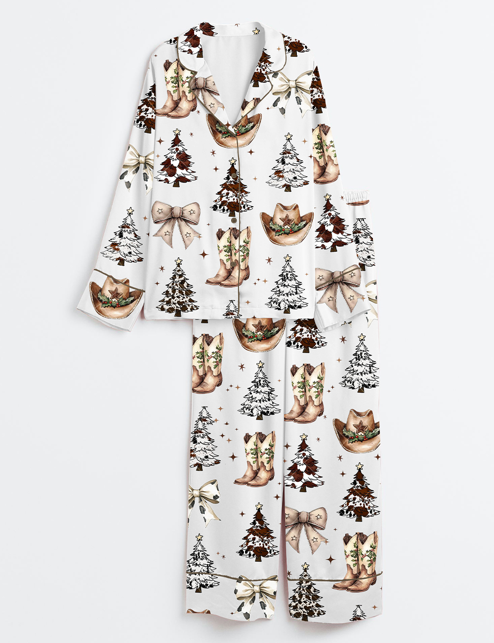 Womenâ€™s Western Christmas Coquette Cowboy Boots Hat Christmas Trees Long Sleeve Satin Pajama Set