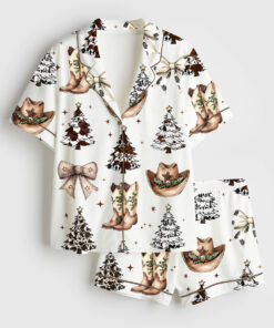 Women's Western Christmas Coquette Cowboy Boots Hat Christmas Trees Short Sleeve Satin Pajama Set