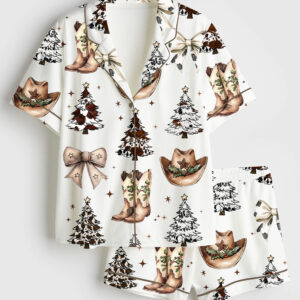 Womenâ€™s Western Christmas Coquette Cowboy Boots Hat Christmas Trees Short Sleeve Satin Pajama Set