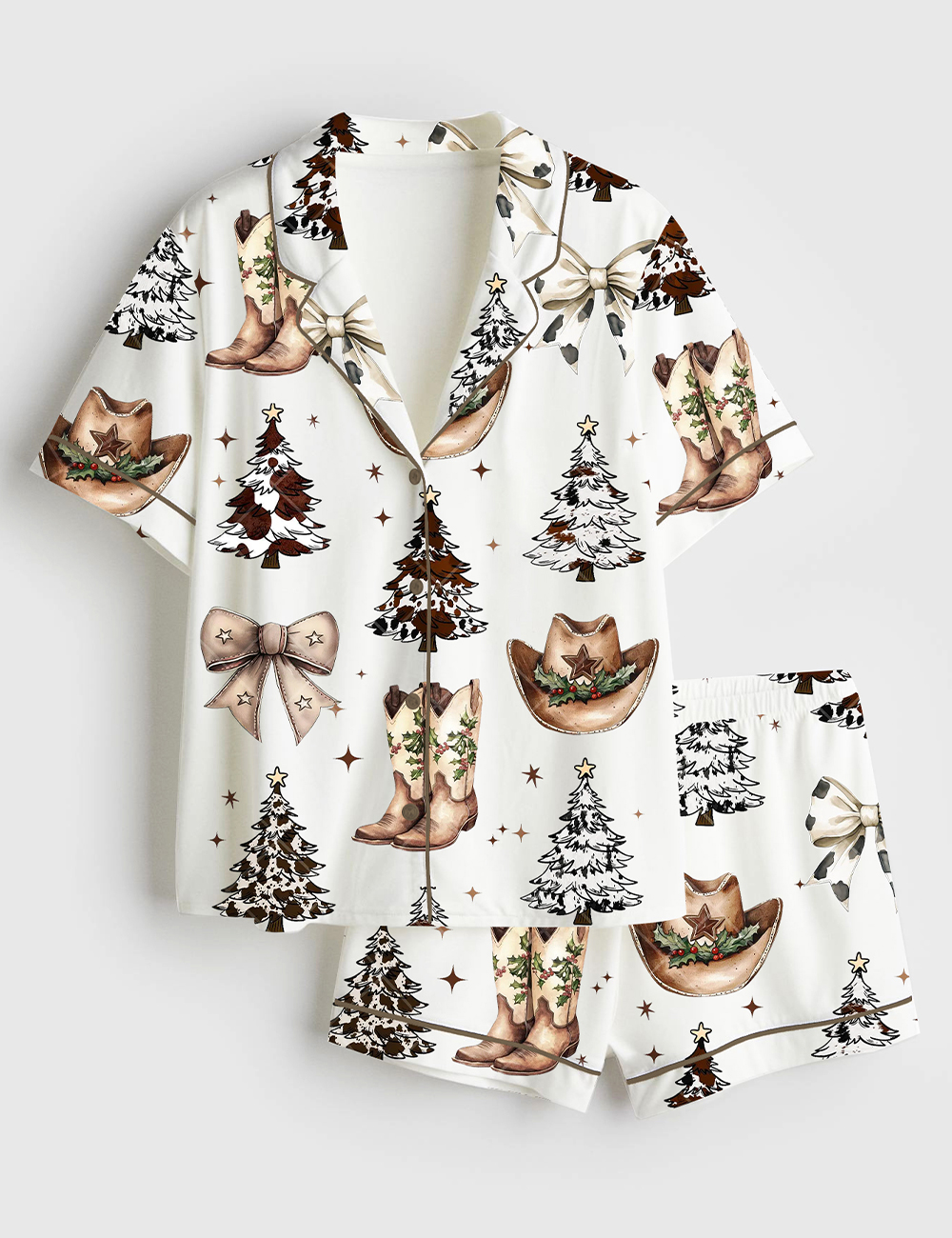 Womenâ€™s Western Christmas Coquette Cowboy Boots Hat Christmas Trees Short Sleeve Satin Pajama Set