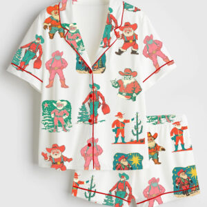 Womenâ€™s Western Christmas Santa Short Sleeve Satin Pajama Set