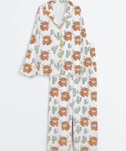 Women's Western Cow Cactus Long Sleeve Satin Pajama Set