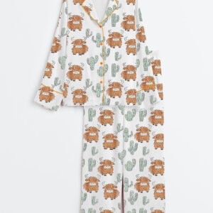 Womenâ€™s Western Cow Cactus Long Sleeve Satin Pajama Set