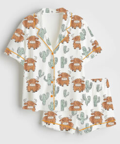 Women's Western Cow Cactus Short Sleeve Satin Pajama Set