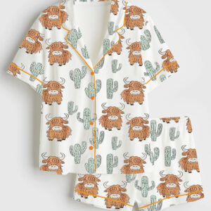 Women's Western Cow Cactus Short Sleeve Satin Pajama Set